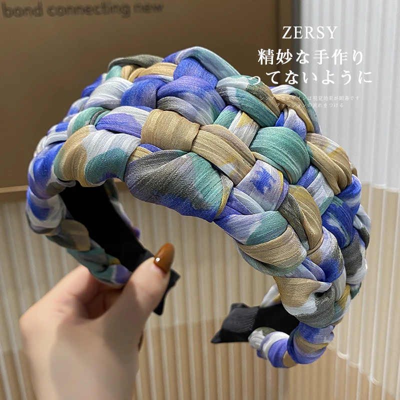 高颅顶显脸小发箍女高级感洋气时尚宽边撞色印染娟纱发捆发卡头箍