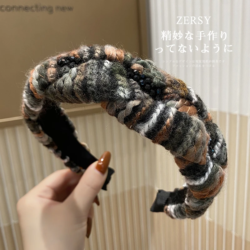 美拉德发箍女2023新款秋冬复古彩色毛线麻花辫水晶链条头箍压发卡