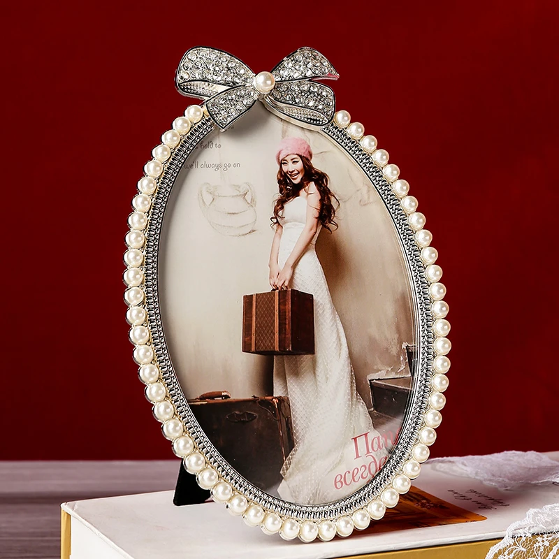 欧式摆台相框简约金属椭圆3寸6寸7寸珍珠组合创意儿童婚纱照片框