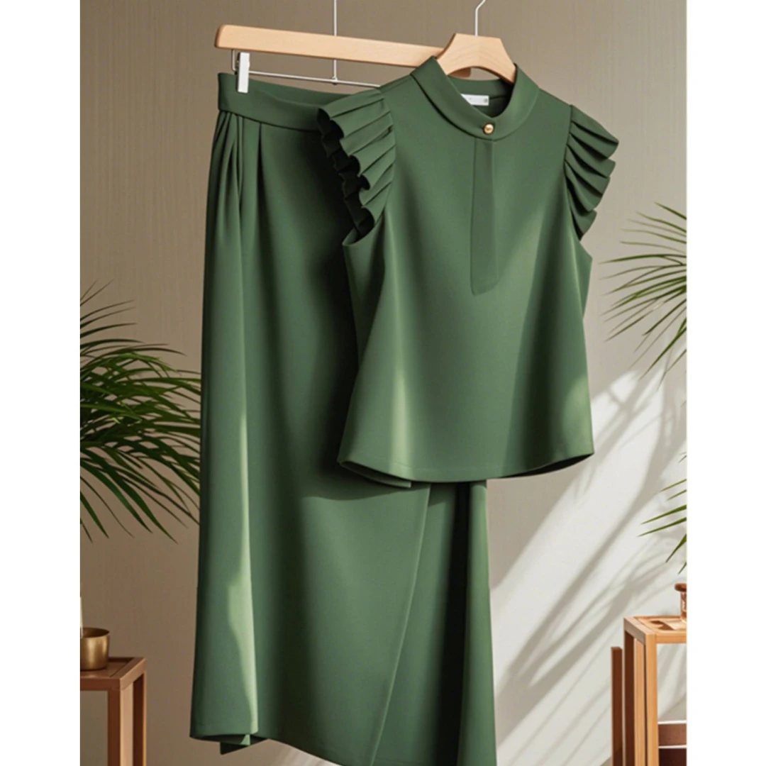 夏季女神范一整套女2025年新款轻奢气质百搭绿色上衣半身裙两件套