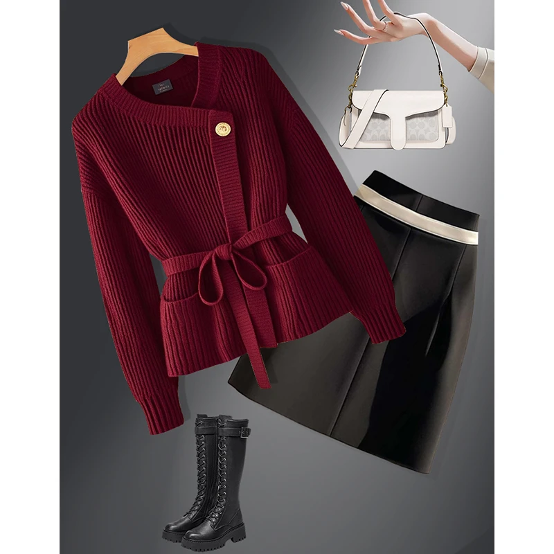 法式宽松v领毛衣半身裙套装女2024秋冬新款休闲气质感女装两件套