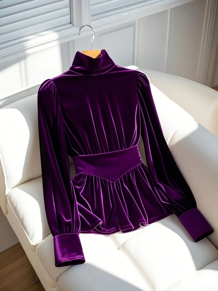 法式独特内搭衬衫冬季新款女款轻奢高级感超好看绝美紫色丝绒上衣