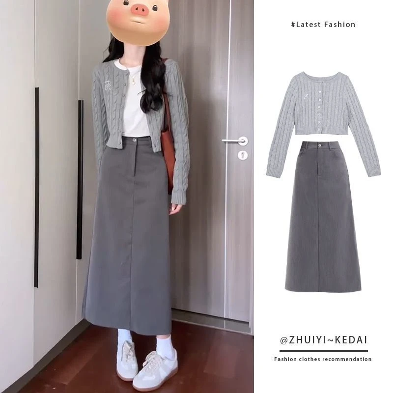 春季一整套装女2025新款短款毛衣开衫外套高腰显瘦半身裙两件套