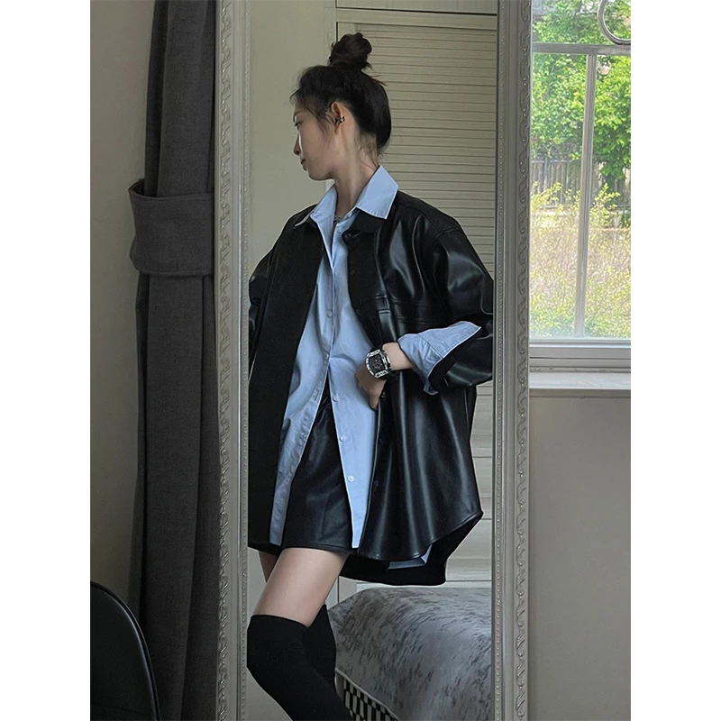 美式复古pu皮衣外套女春秋2024新款防风防水夹克黑色显瘦外搭上衣
