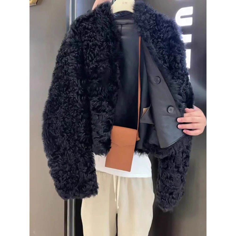 小香风黑色羊羔毛外套女新款2024年冬季款韩系简约时尚百搭上衣潮