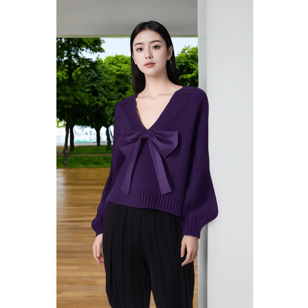 秋装女款紫色蝴蝶结针织百搭毛衣慵懒风2024年新款独特超好看上衣