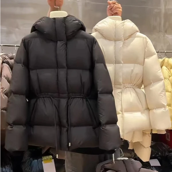 欧货加厚修身收腰连帽棉服女中长款黑色高级感超好看气质棉衣外套