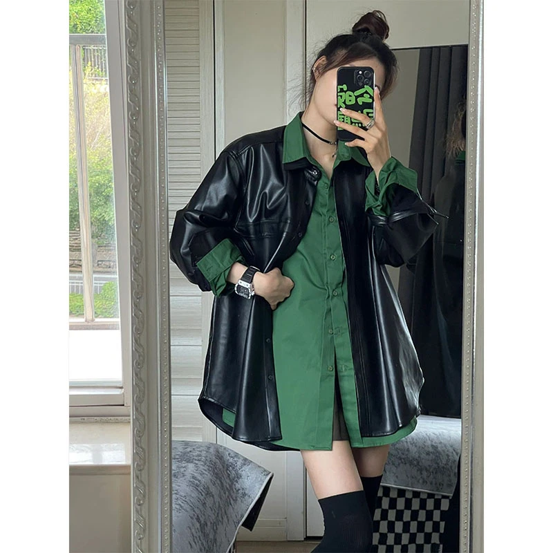 初春新款美式黑色复古机车外套PU皮衣夹克百搭绿长袖衬衫套装女