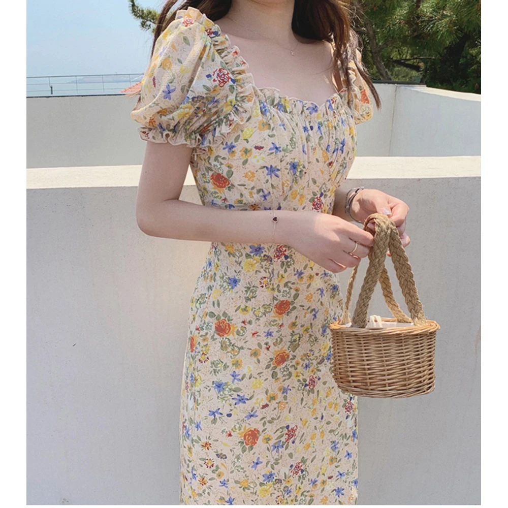 温柔印花连衣裙爆款2023夏装新款甜美油画碎花泡泡袖桔梗中长裙女