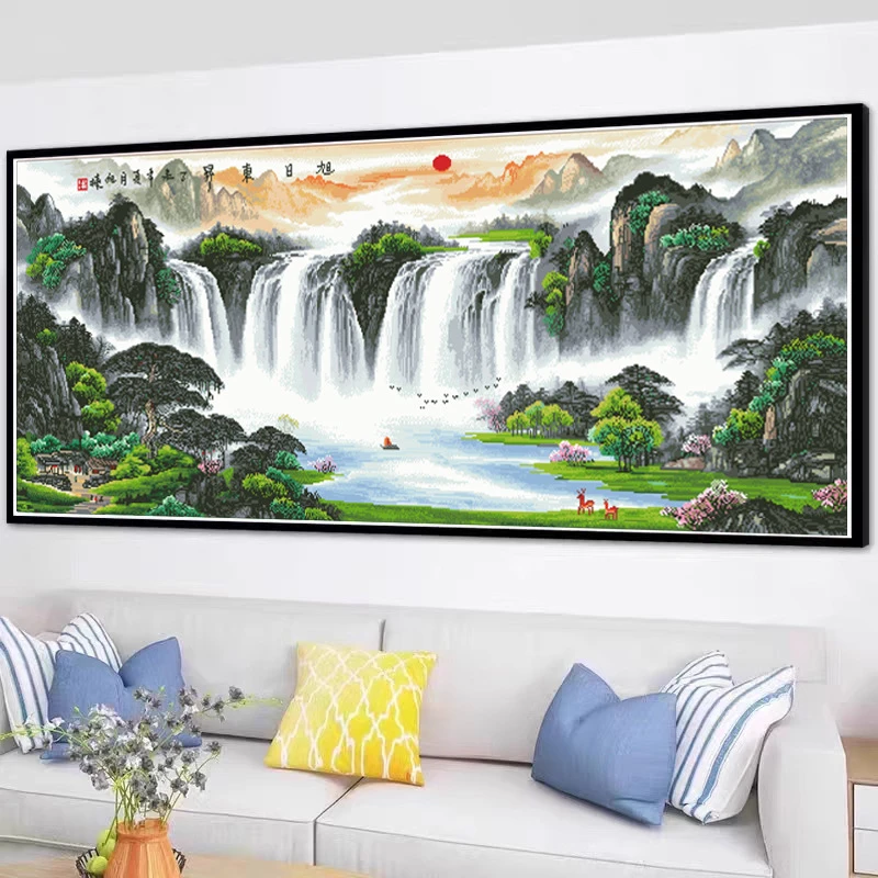 材料非成品旭日东升十字绣2024新款线绣客厅风景山水大幅