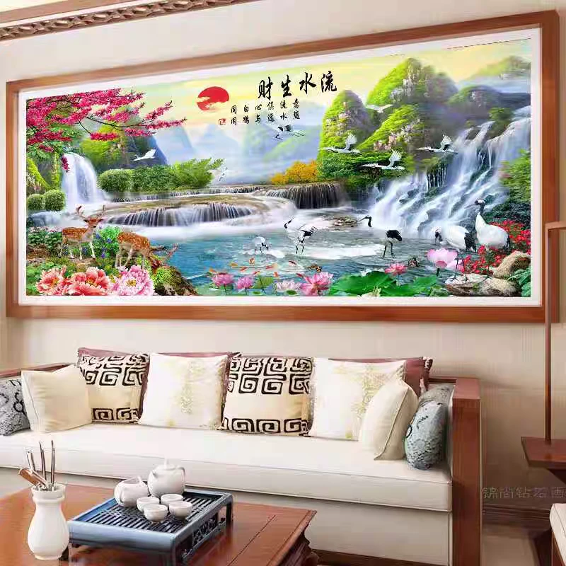 纯手工绣好的十字绣成品流水生财之富水长流十字绣客厅办公室挂画