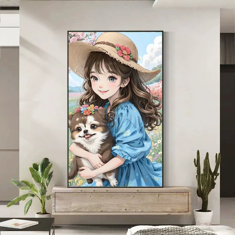 猫咪女孩十字绣套件自己绣精准彩色印花儿童客厅卧室挂画