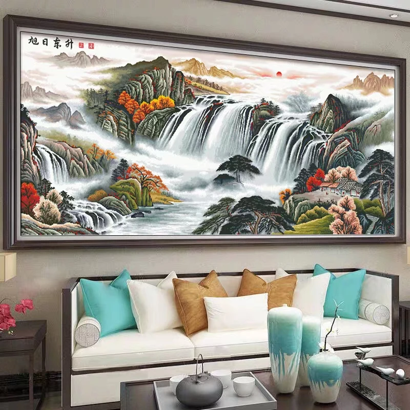 纯手工绣好的十字绣成品 旭日东升十字绣办公室客厅