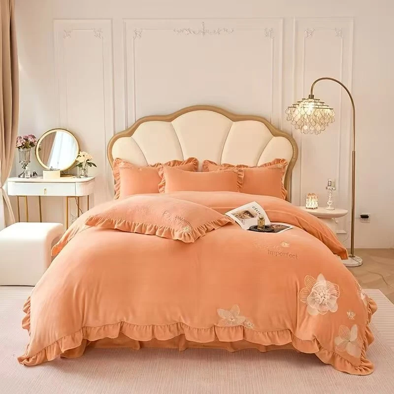 牛奶绒简约轻奢绣花韩版花边床盖四件套加厚加绒双面时尚韩式