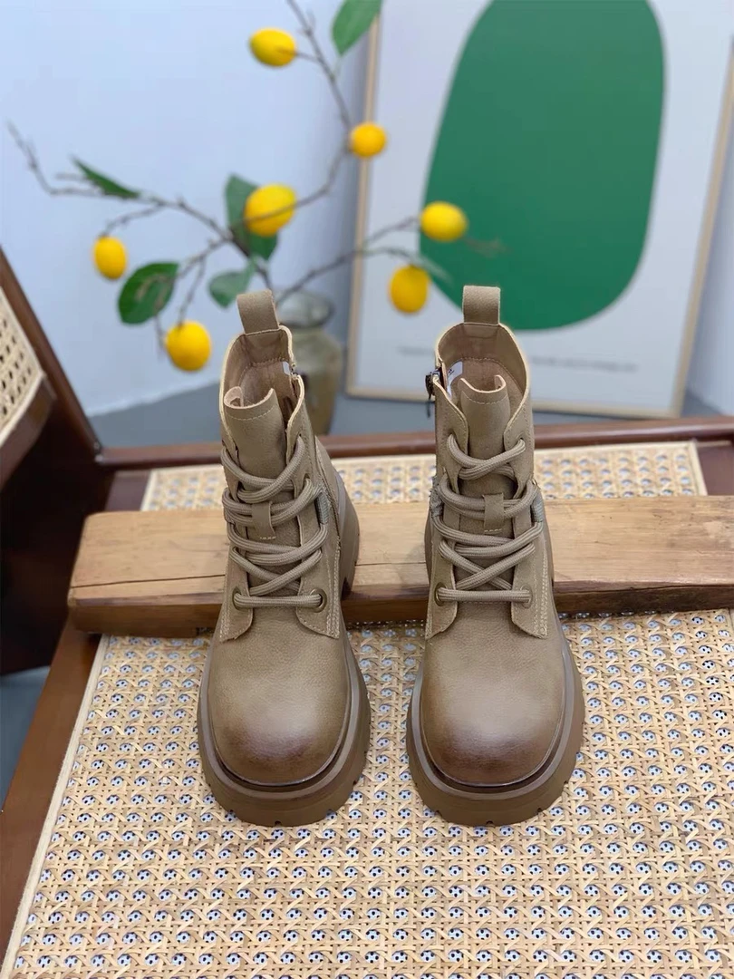 厚底侧拉链加绒系带女款做旧复古马丁靴22959