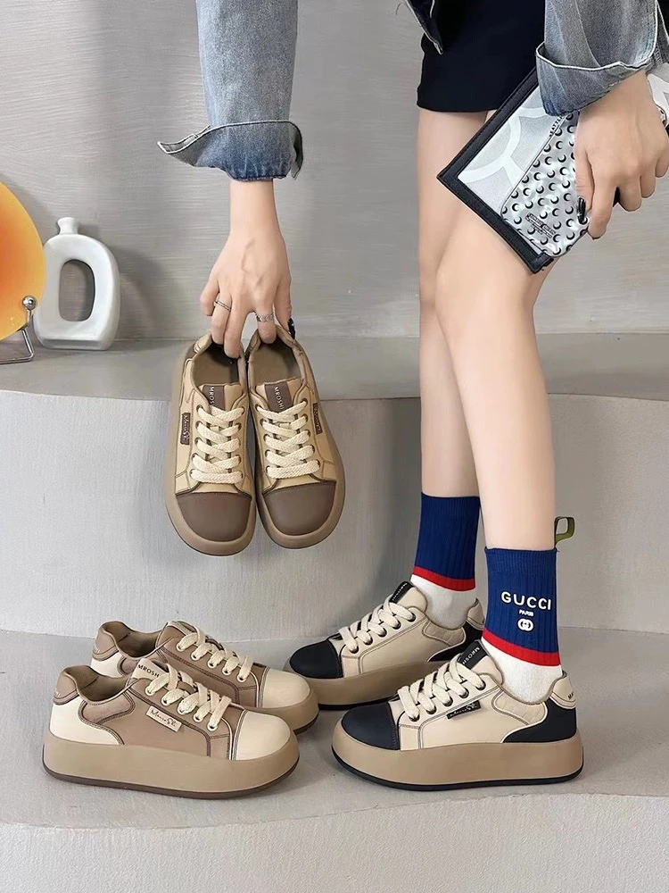 厚底真皮拼色休闲鞋女软底轻便圆头系带舒适单鞋6621-3