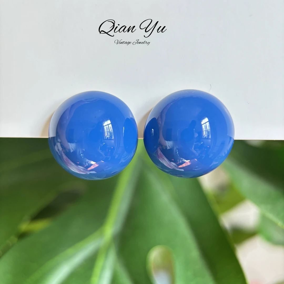 黄铜耳饰 【蓝色星球】欧美简约滴油半球耳环高级感925银针~8681