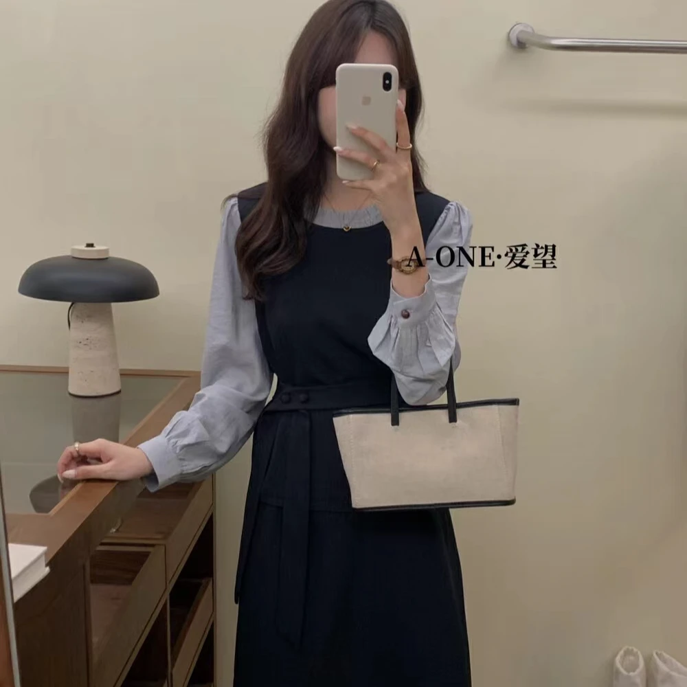 盐系轻熟风收腰高级感蓝色西装拼接小衫+中长半身裙套装（配腰带）