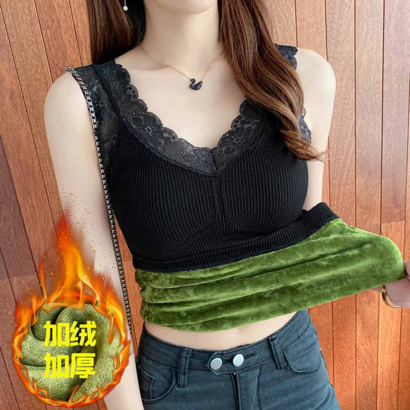 保暖加厚加绒背心女秋冬带胸垫蕾丝V领内搭吊带打底衫女上衣潮