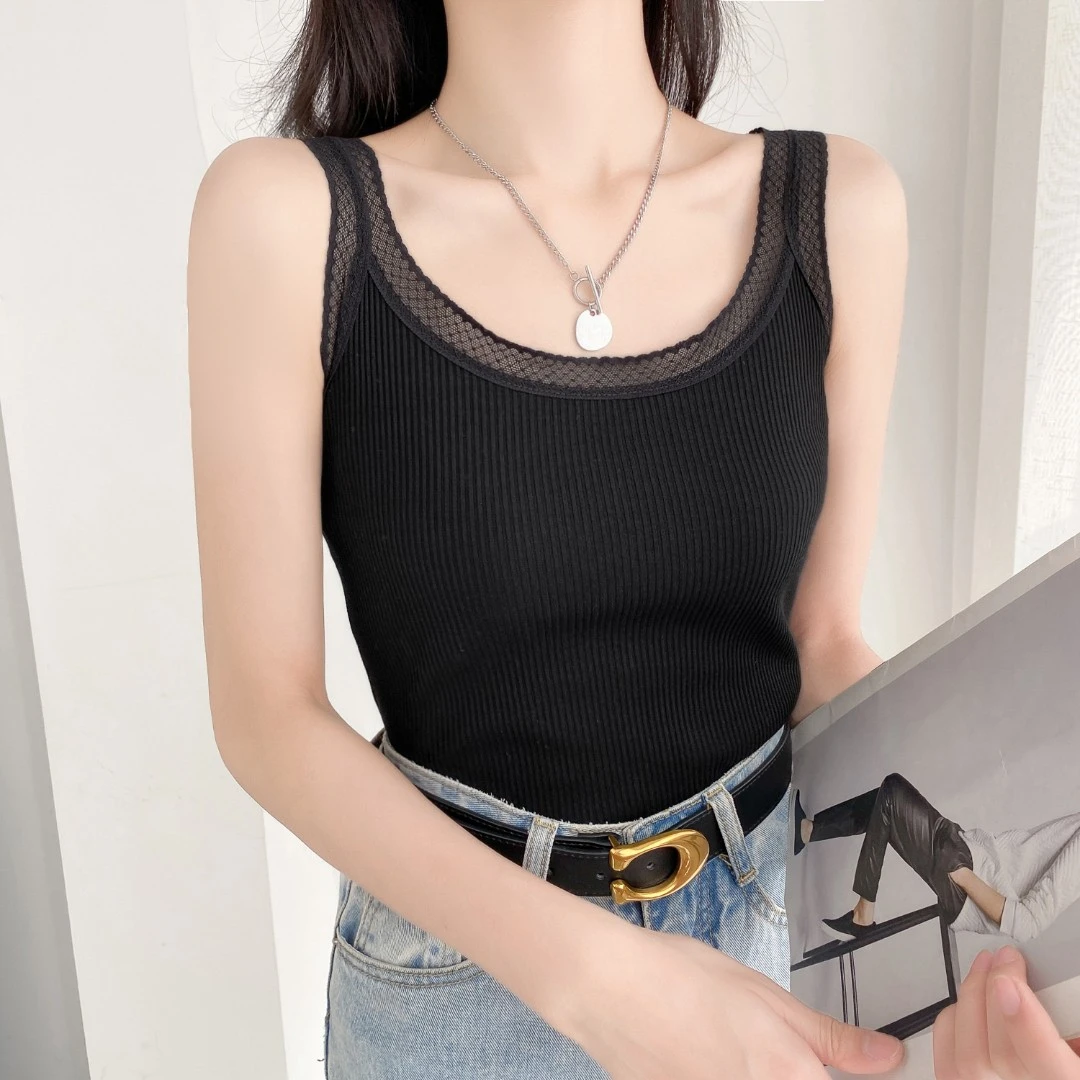吊带背心女蕾丝小花边螺纹棉外穿内搭修身无袖上衣打底衫T恤女夏
