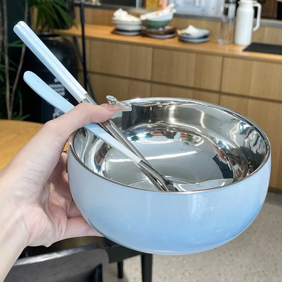 老板娘自用颜值款304不锈钢碗家用渐变色饭碗马卡龙双层防烫碗