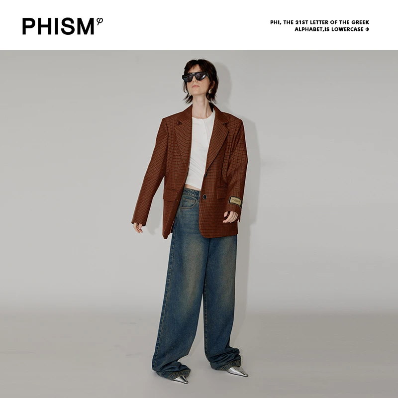 PHISM2023秋冬新品格纹西装女复古千鸟格纹休闲西服戗驳领398J01