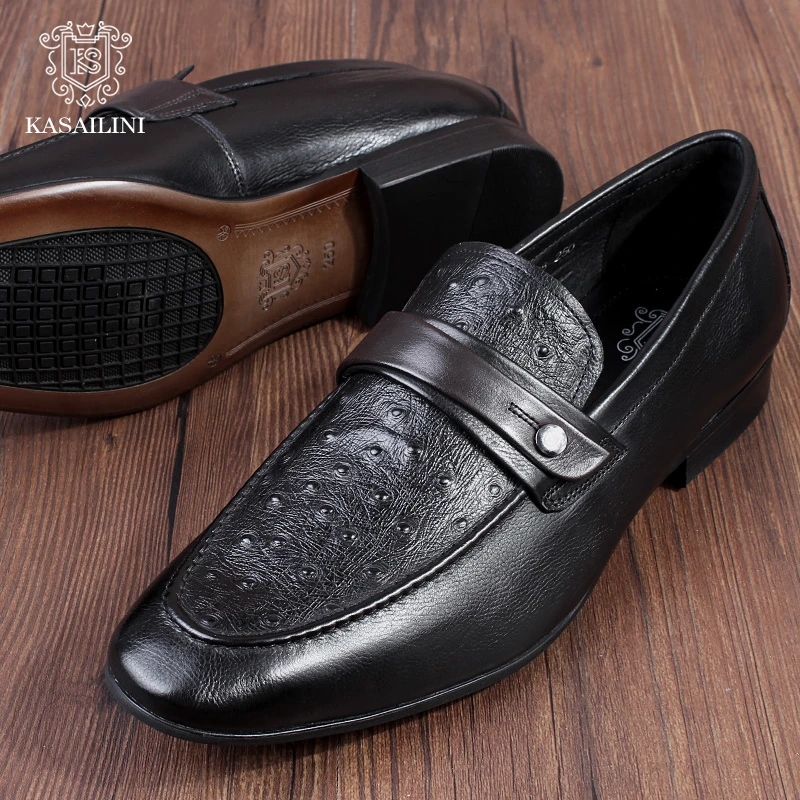 卡塞利尼新款休闲皮鞋男真皮透气商务英伦鸵鸟纹尖头懒人鞋驾车