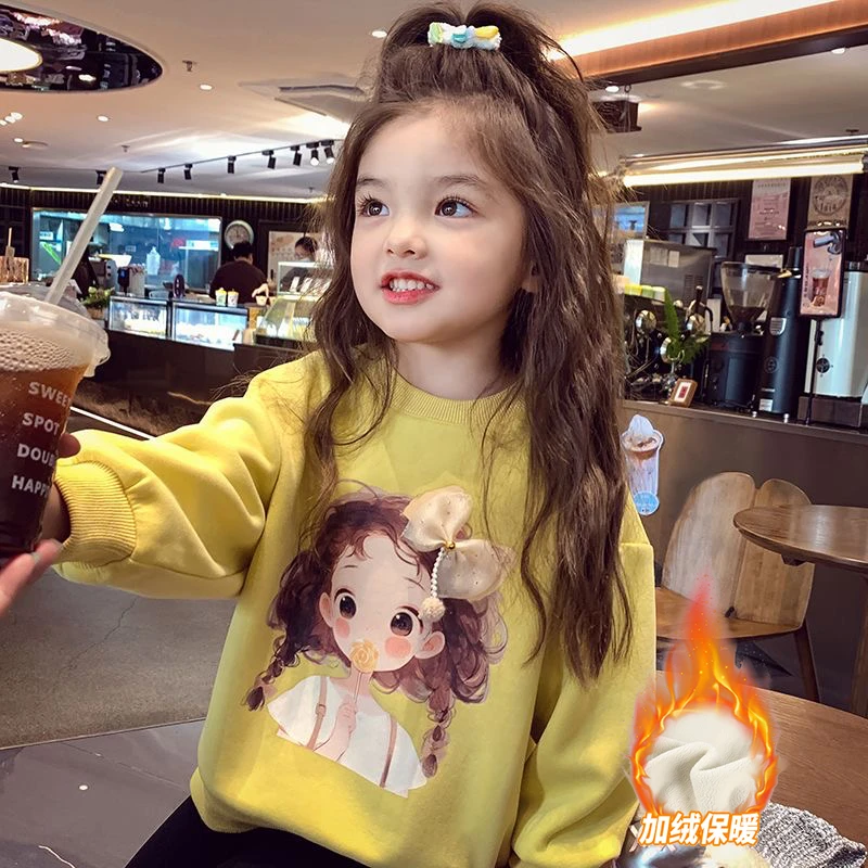 女童圆领卫衣2024年新款童装儿童冬季加厚上衣韩系小女孩加绒衣服