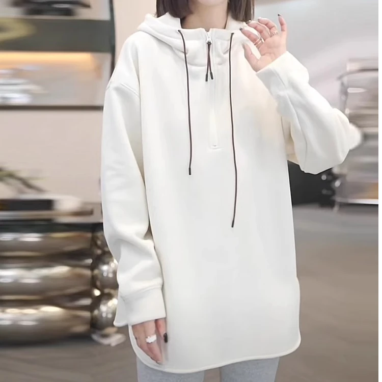 大码慵懒风休闲加绒加厚中长款连帽卫衣女冬季宽松显瘦内搭上衣