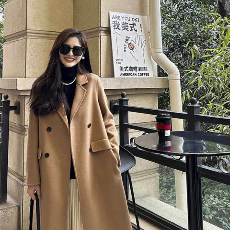 【达人专属】小个子中长款显瘦气质韩版双面呢羊毛大衣2216