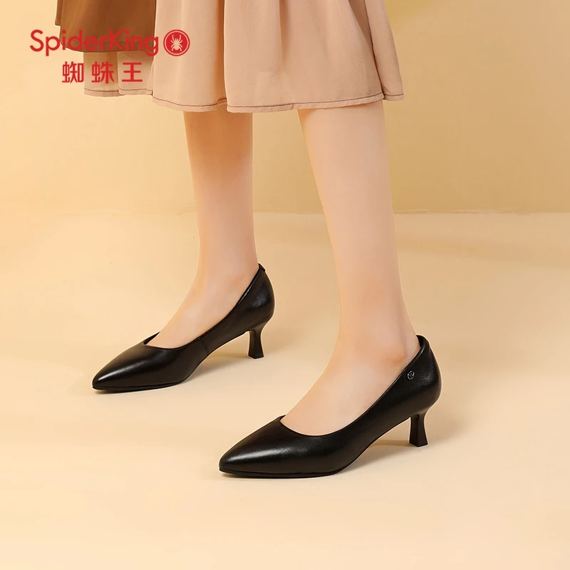 蜘蛛王女鞋春季新款牛皮中高跟舒适透气通勤工作尖头百搭职场皮鞋