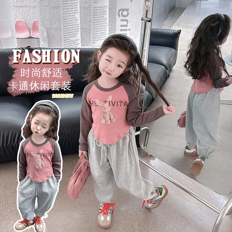 套装卡通春秋印花女童中小童父亲节儿童节洋气舒适时尚外穿女孩