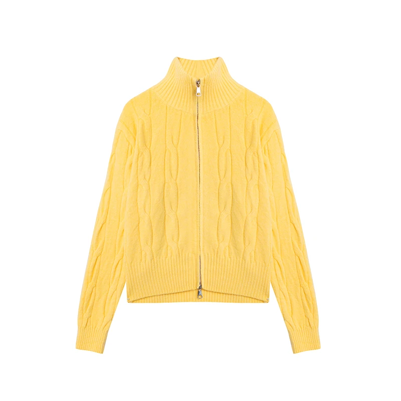 【为你着迷2】麻花边拼接袖气质高领百搭针织双拉链开衫A2538