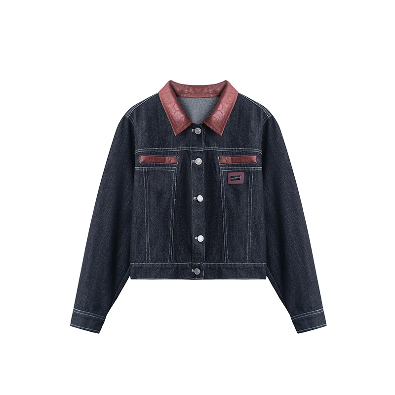 【私人高定】翻领拼皮贴标气质时尚牛仔外套A2239YJ