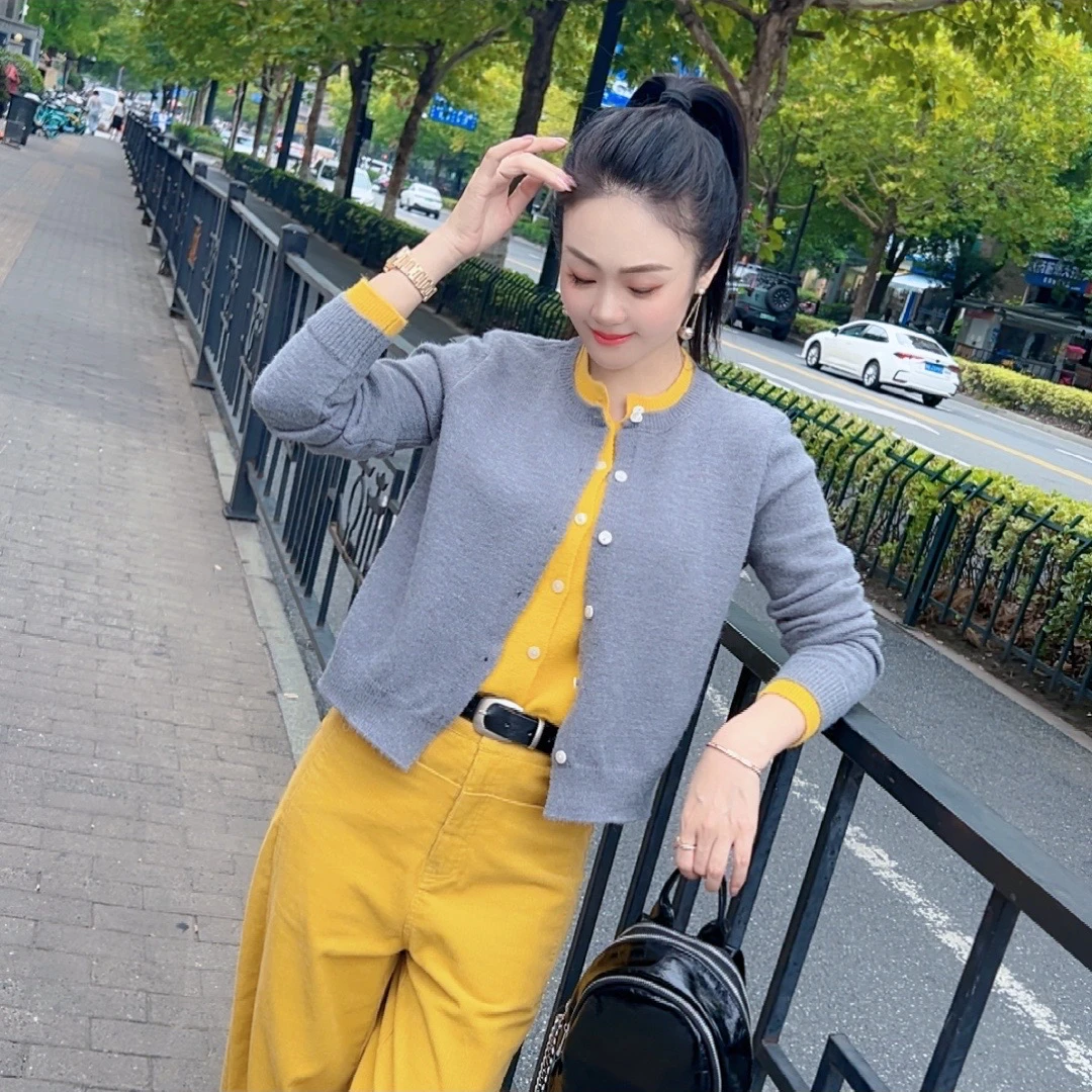 【一见钟情】假两件撞色时尚开衫针织毛衣A2376YB