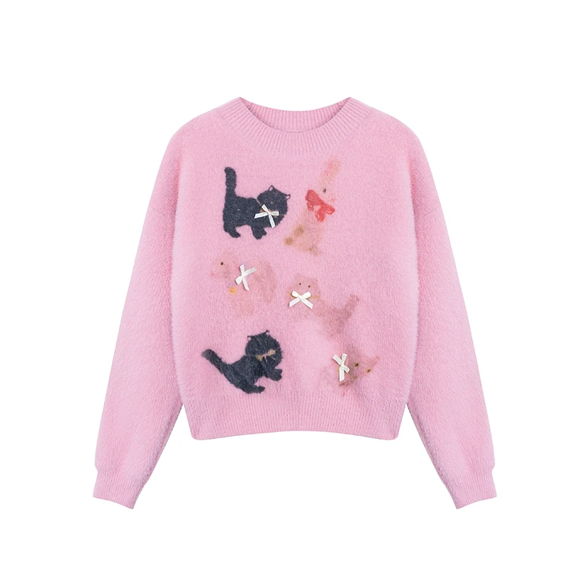 【小懒猫】圆领卡通图案蝴蝶结设计款百搭短款针织毛衣A2721