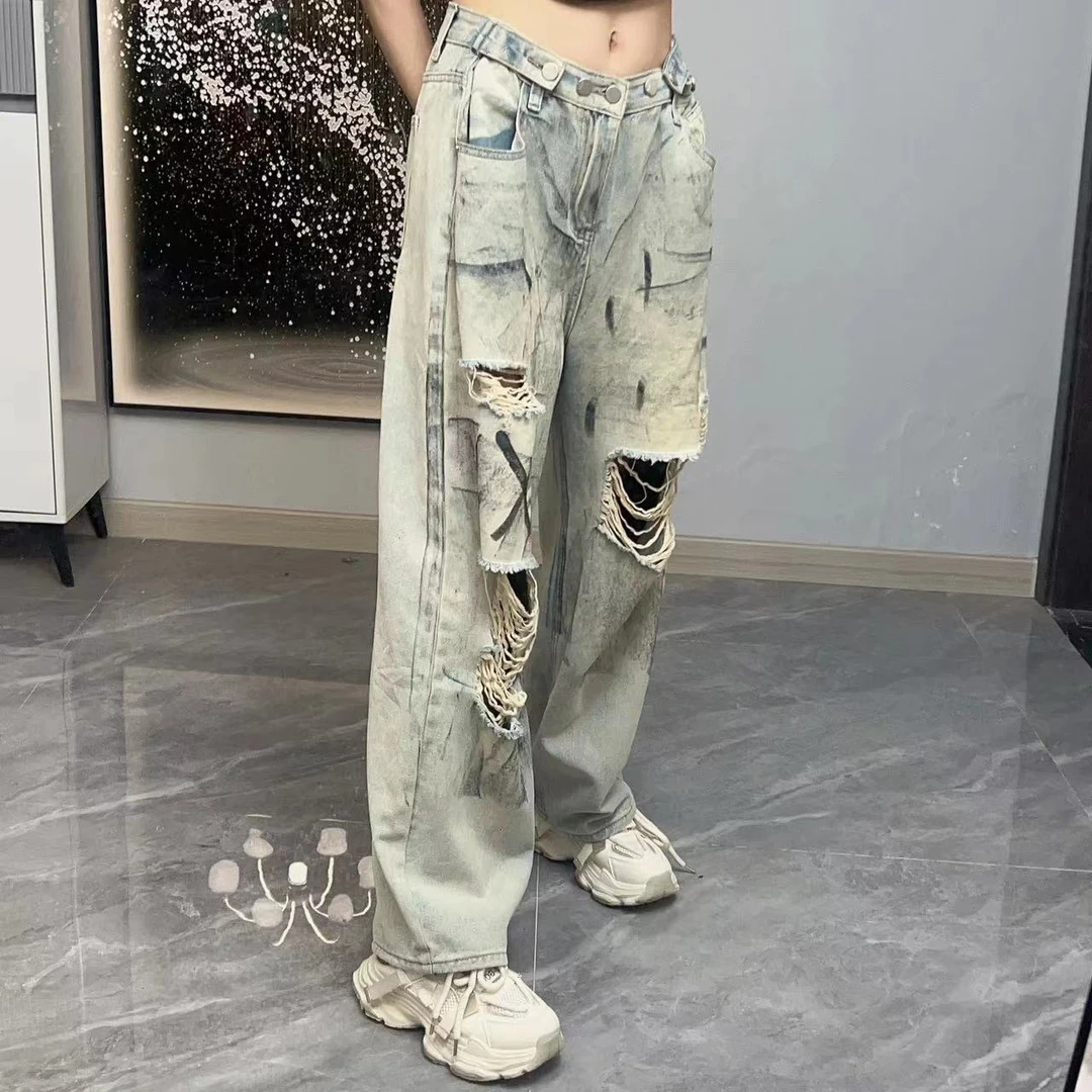【星儿买手店1】美式复古手绘涂鸦破洞设计水洗做旧阔腿长裤