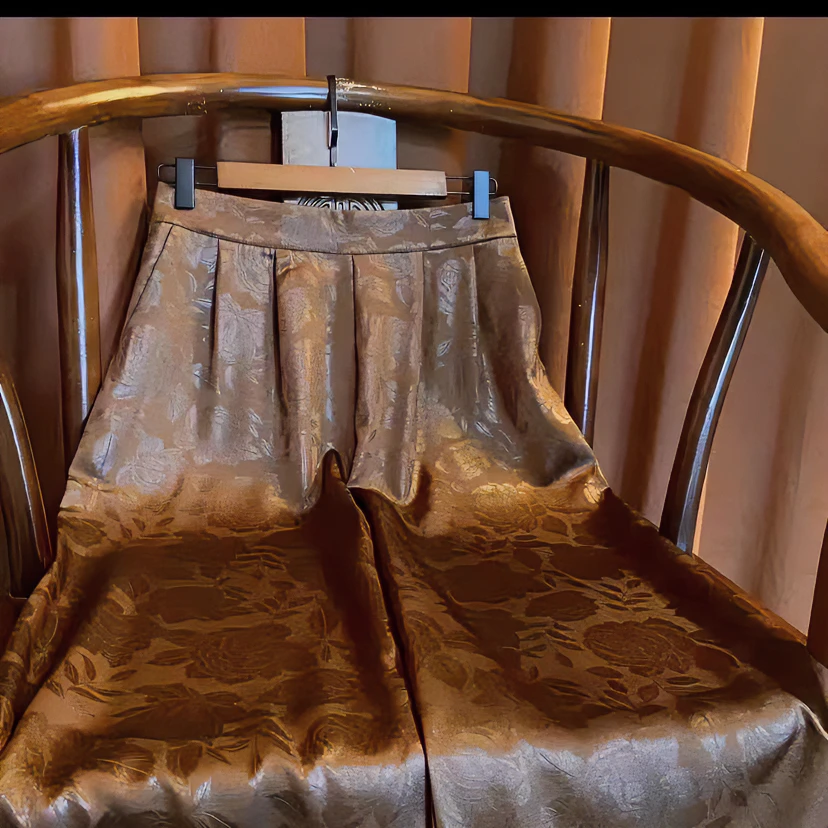 【蚕丝】新中式国风提花缎面设计师款休闲裤女宽松气质时尚阔腿长裤