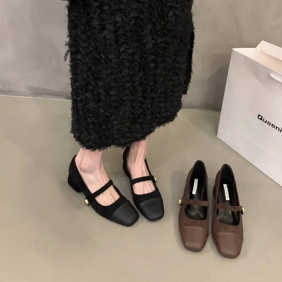 春夏法式高跟浅口玛丽珍单鞋方头粗跟单鞋9084魔术贴粘扣晚晚风