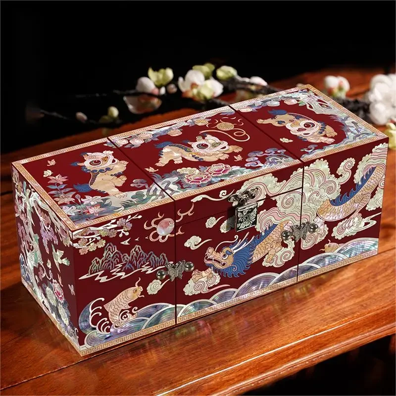 【狮龙贺喜三开】螺钿漆器首饰盒手工木质结婚礼物中式饰品珠宝盒
