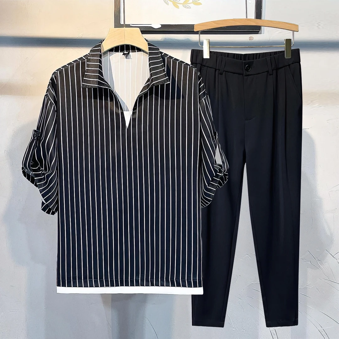 【两件套】夏季男士大码两件套条纹短袖T恤套装胖子男生宽松上衣