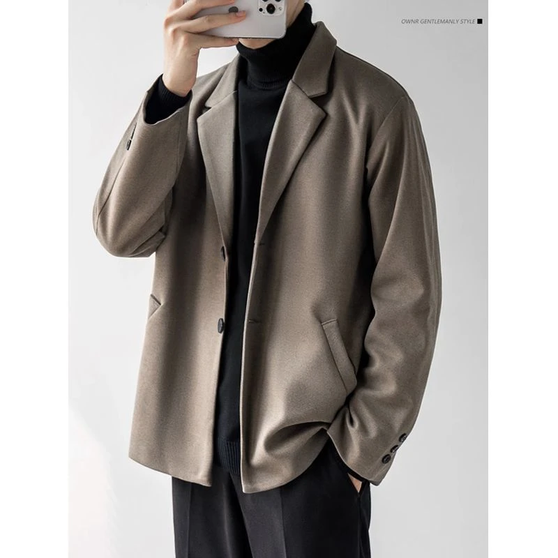 毛呢西装外套男春秋季高级感轻熟风男装加厚呢子大衣韩版休闲西服