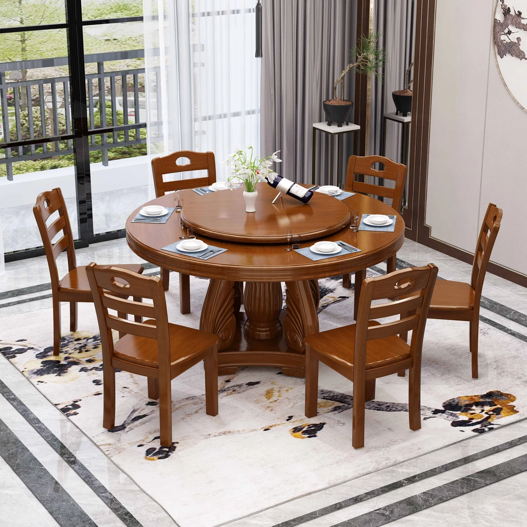 中式实木圆餐桌椅组合带转盘吃饭桌子圆形家用大圆桌酒店饭店餐桌