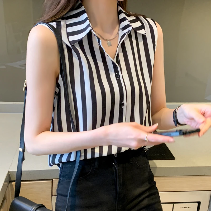 夏季新款无袖衬衫女雪纺背心黑白条纹大码宽松百搭外穿内搭衬衣