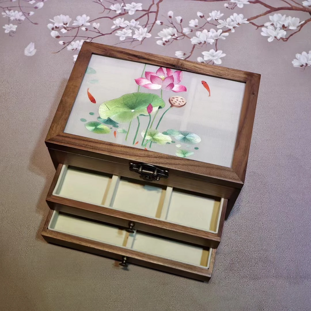 纯手工苏绣胡桃木首饰盒