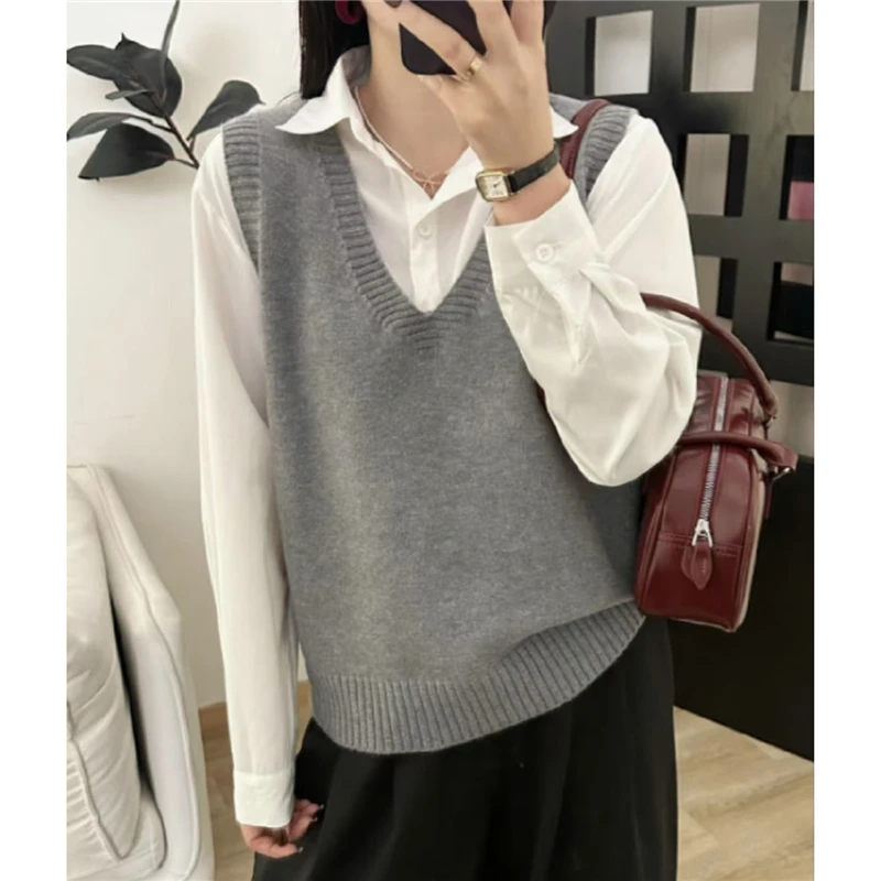 纯色V领简约款百搭针织马甲时尚显瘦休闲毛衣背心女L369时髦