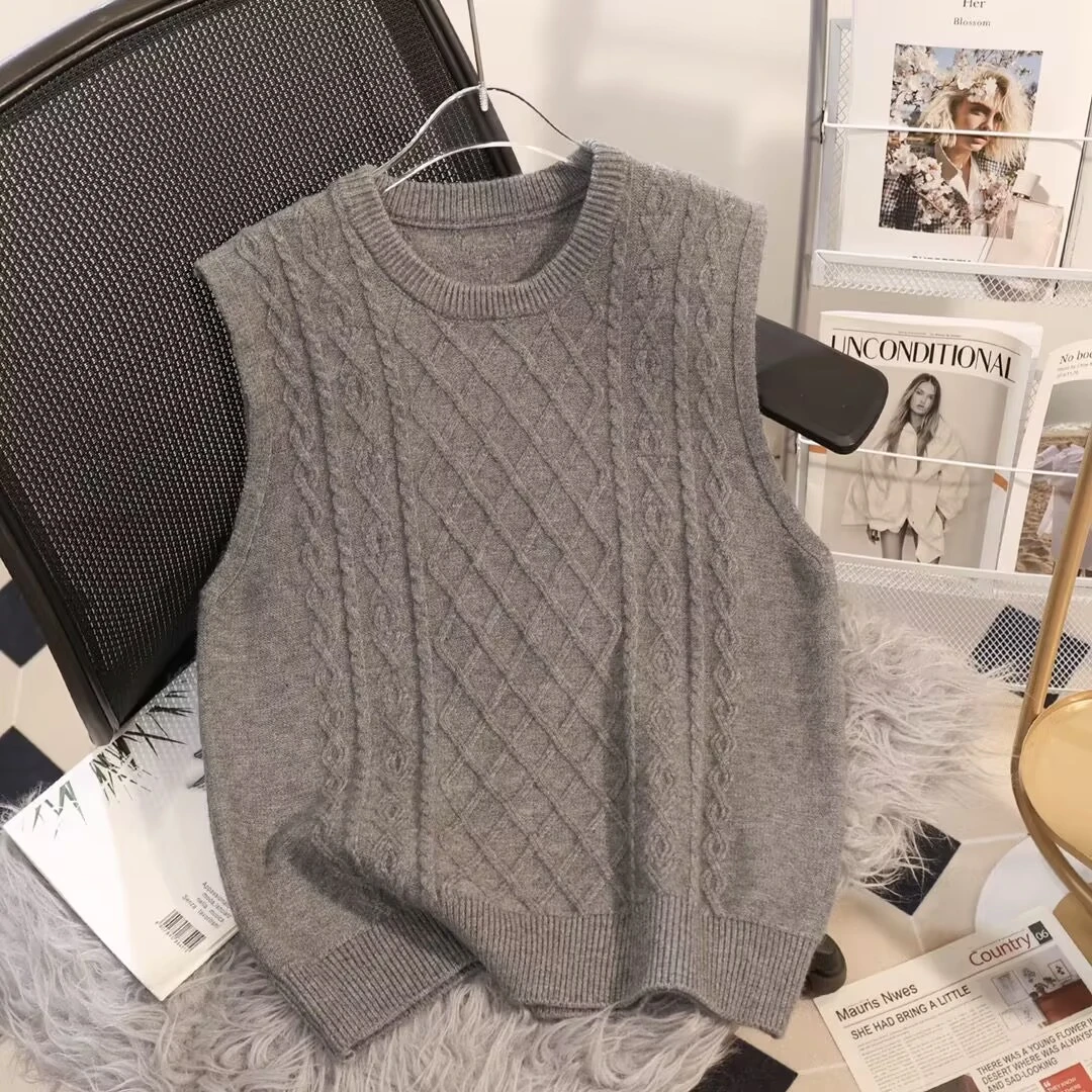 麻花圆领百搭宽松针织马甲无袖时尚毛衣背心Y380
