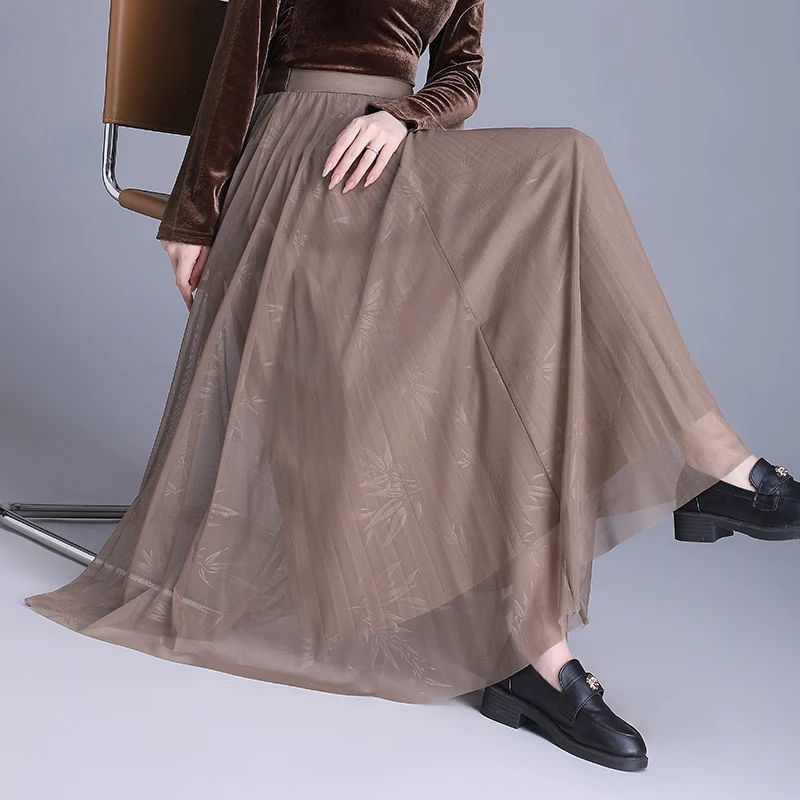 新品高端气质印花两面穿网纱半身裙 A型垂感显瘦大摆飘逸中长裙