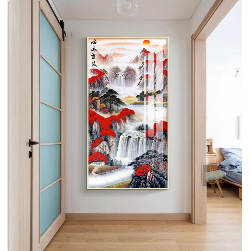 鸿运当头水墨山水玄关走廊有框客厅装饰画墙面立体高档玄关晶瓷画