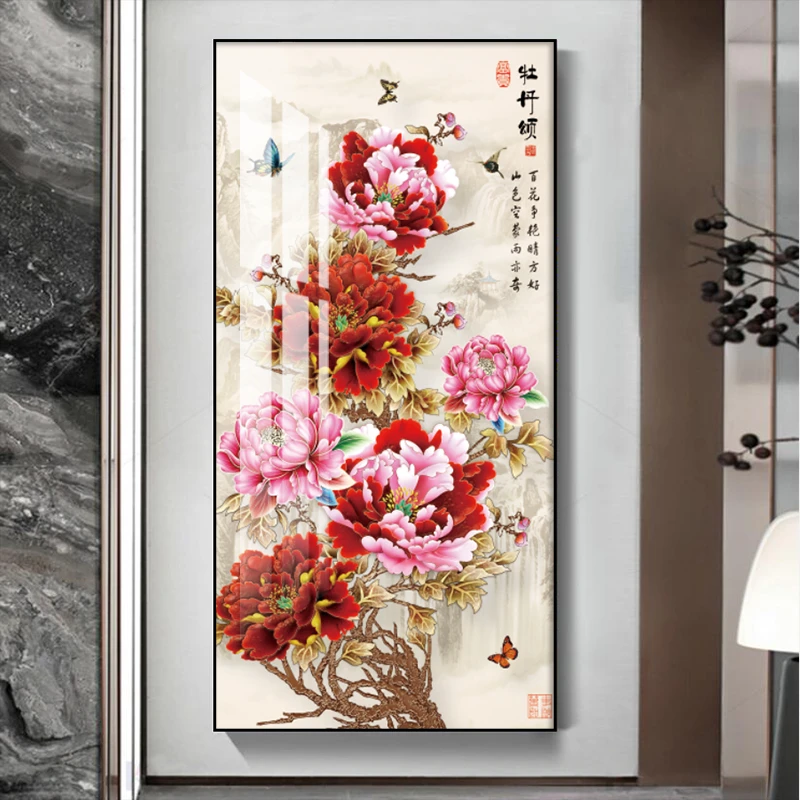 花开富贵玄关走廊有框客厅装饰画墙面立体高档玄关高端晶瓷画